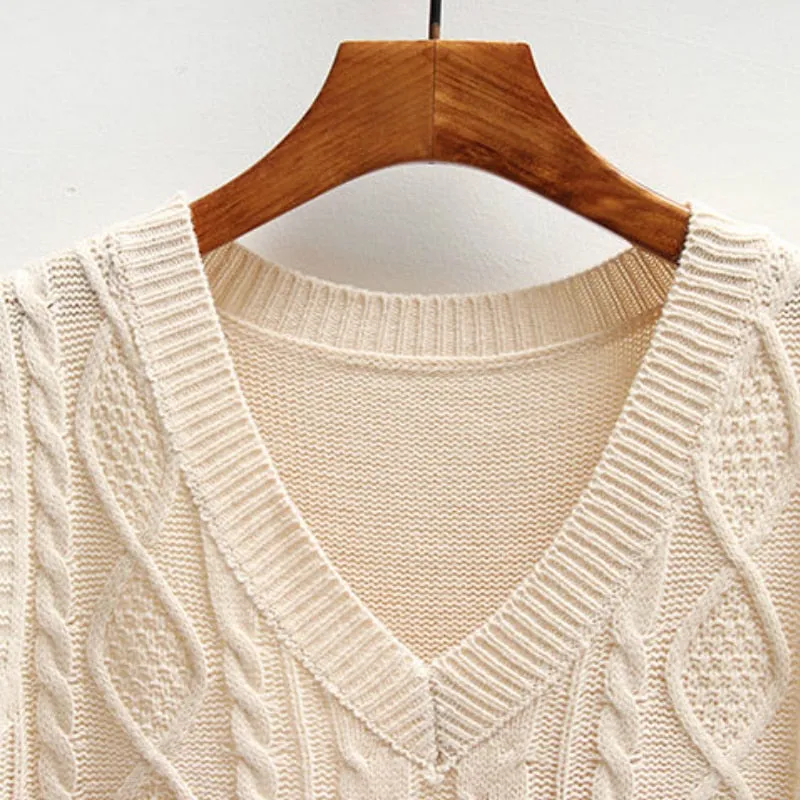 Women Solid Short Loose Sleeveless Knitted V-Neck Vest
