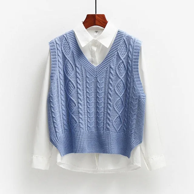 Women Solid Short Loose Sleeveless Knitted V-Neck Vest