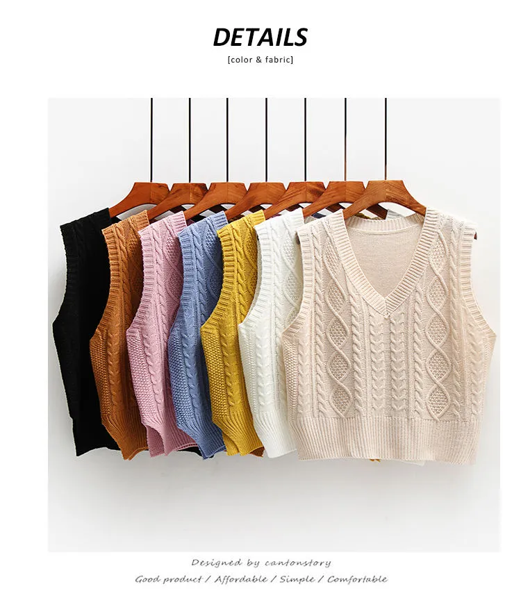 Women Solid Short Loose Sleeveless Knitted V-Neck Vest