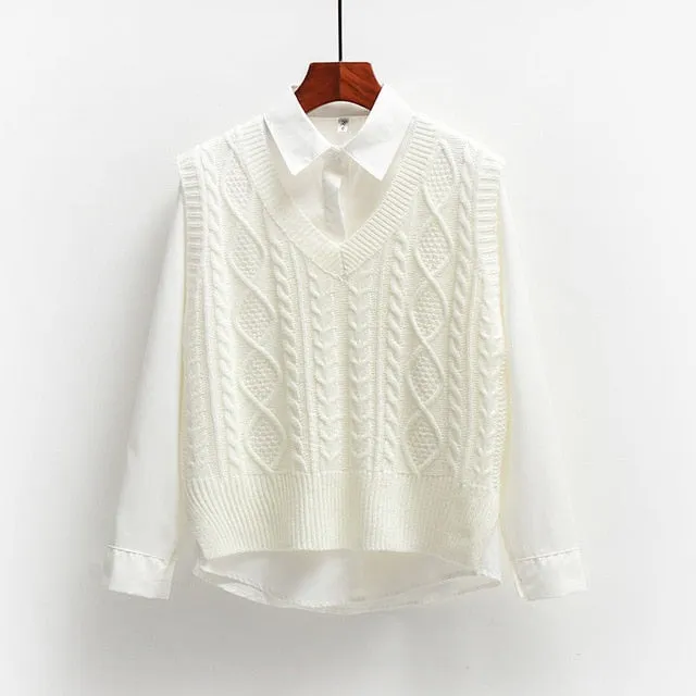 Women Solid Short Loose Sleeveless Knitted V-Neck Vest
