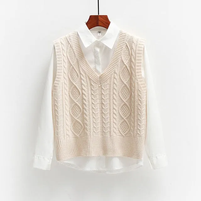 Women Solid Short Loose Sleeveless Knitted V-Neck Vest
