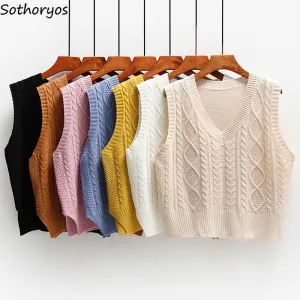 Women Solid Short Loose Sleeveless Knitted V-Neck Vest