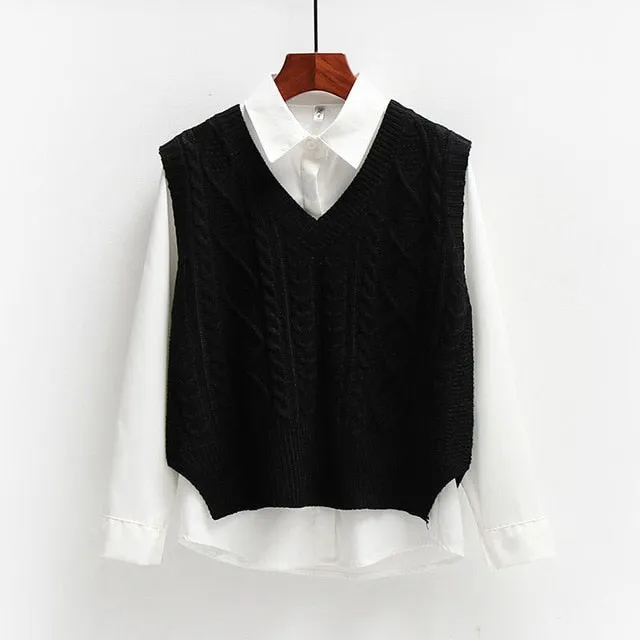 Women Solid Short Loose Sleeveless Knitted V-Neck Vest