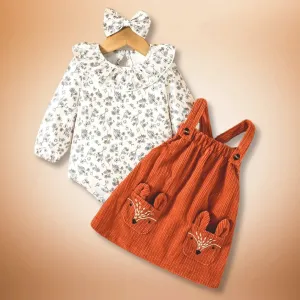 Woodland Charm Baby Outfit 🦊 Floral Bodysuit & Fox Corduroy Pinafore Set (6M-3T)