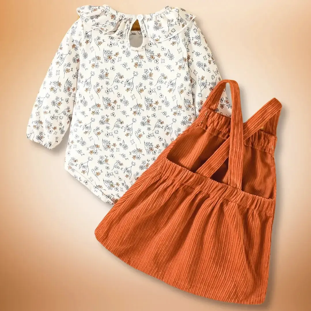 Woodland Charm Baby Outfit 🦊 Floral Bodysuit & Fox Corduroy Pinafore Set (6M-3T)