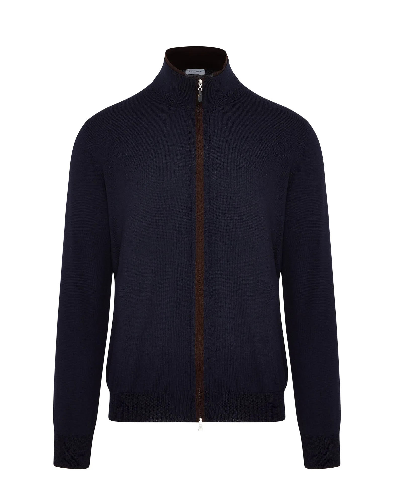 Zattura Full Zip Button & Zip Detail Knitted Jumper (Navy & Brown/Charcoal Trim)