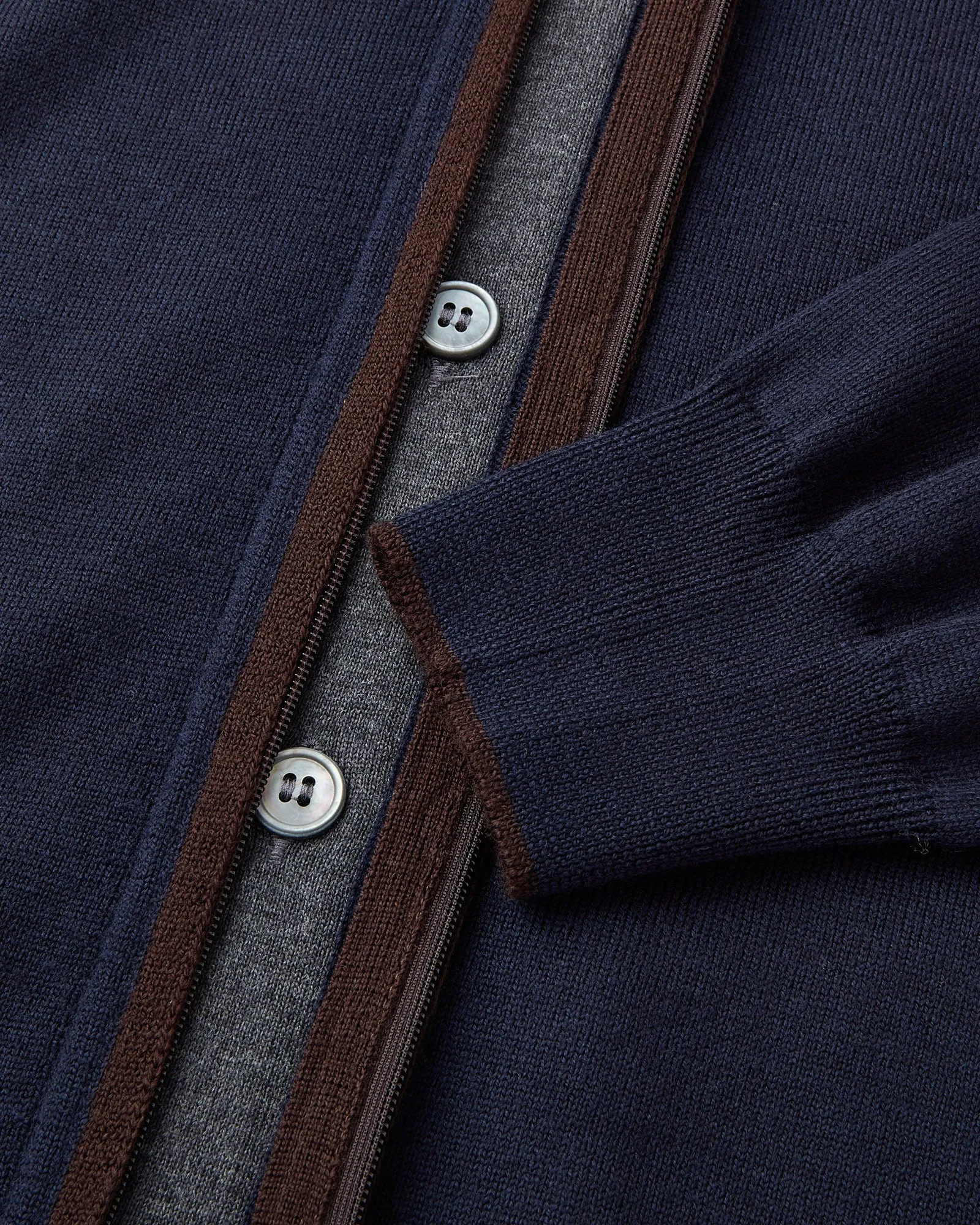 Zattura Full Zip Button & Zip Detail Knitted Jumper (Navy & Brown/Charcoal Trim)
