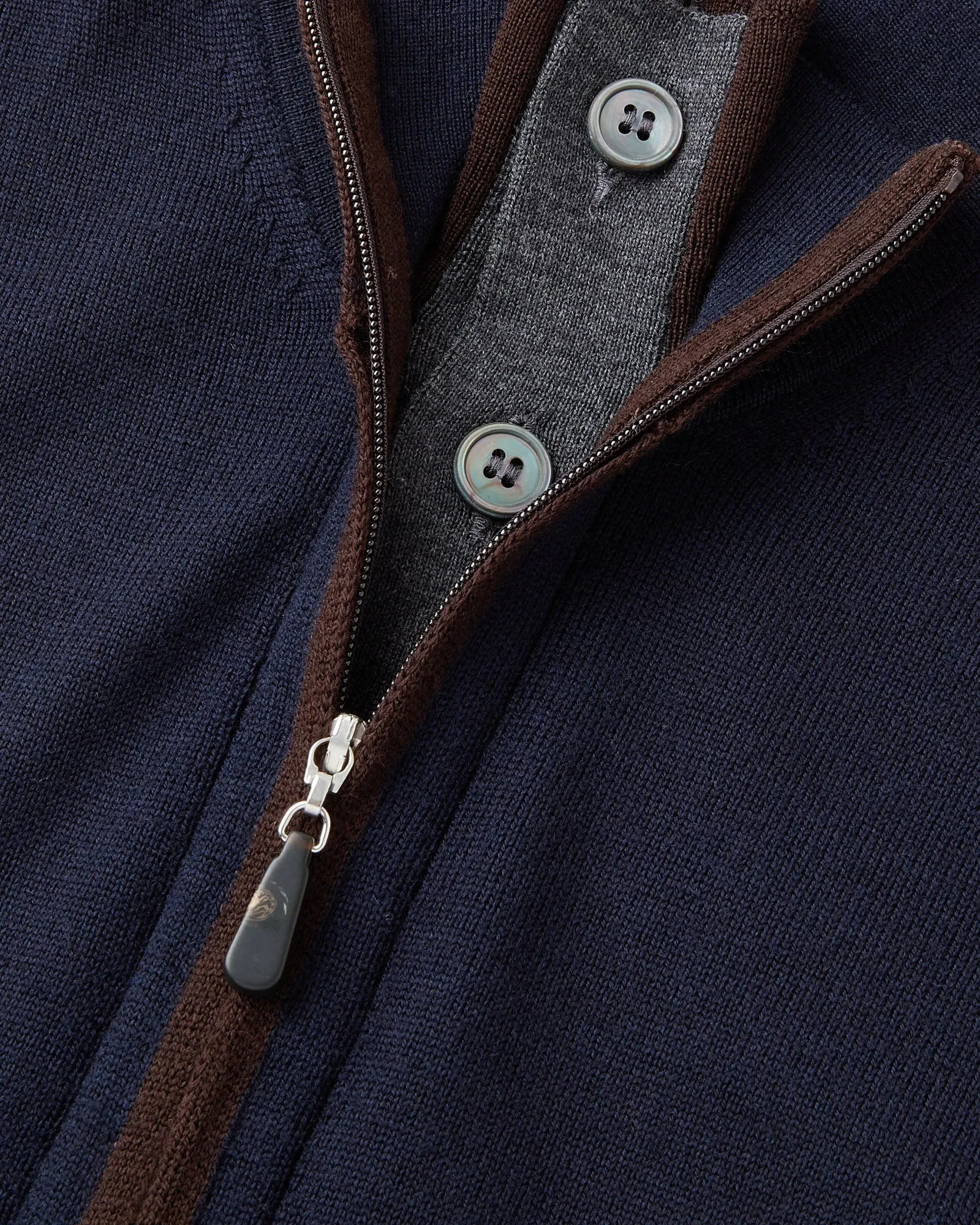 Zattura Full Zip Button & Zip Detail Knitted Jumper (Navy & Brown/Charcoal Trim)