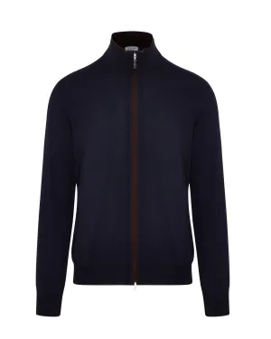 Zattura Full Zip Button & Zip Detail Knitted Jumper (Navy & Brown/Charcoal Trim)